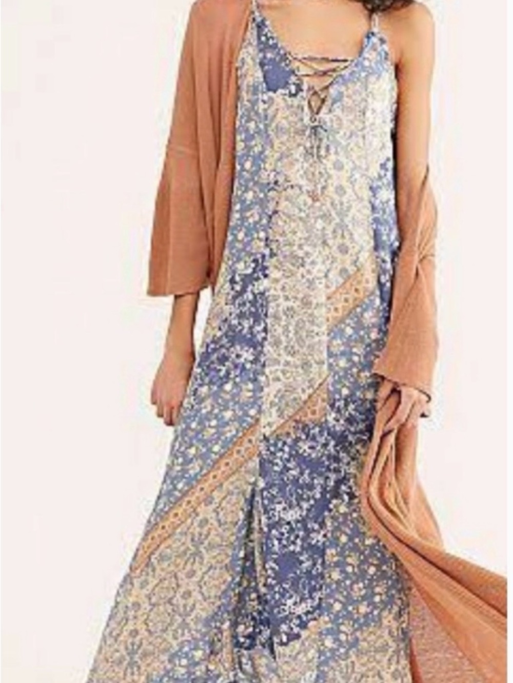 Free People Blue Patchwork Slip Maxi Dress with Lace-Up Neck